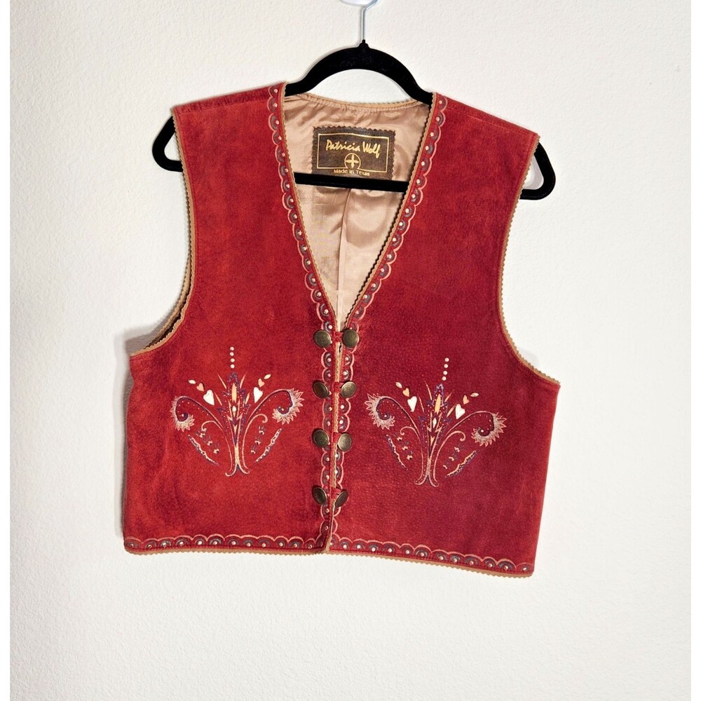 Vintage Patricia Wolf Vest Womens Size L Suede Hand Painted Rust Stud Festival